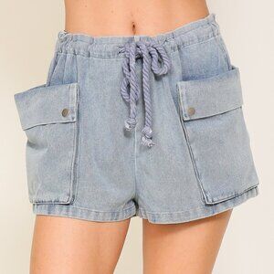 LUMIERE Light Wash Denim Cargo Shorts | Drawstring Utility Pocket Shorts